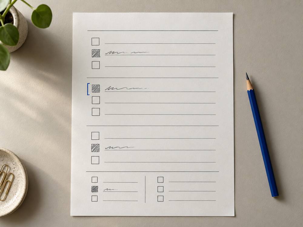 A printed paper questionnaire with several answer boxes filled in pencil and a blue bracket in the left margin.